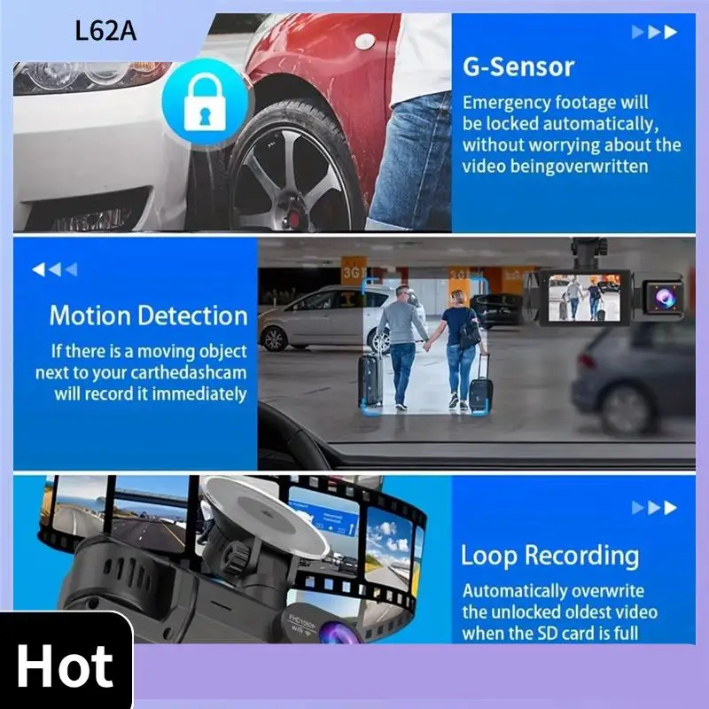 

L62A 1080P Wi-Fi Автомобильный видеорегистратор с 3 объективами внутри автомобиля Видеорегистратор Трехсторонняя камера Рекордер Видеорегистратор Видеокамера