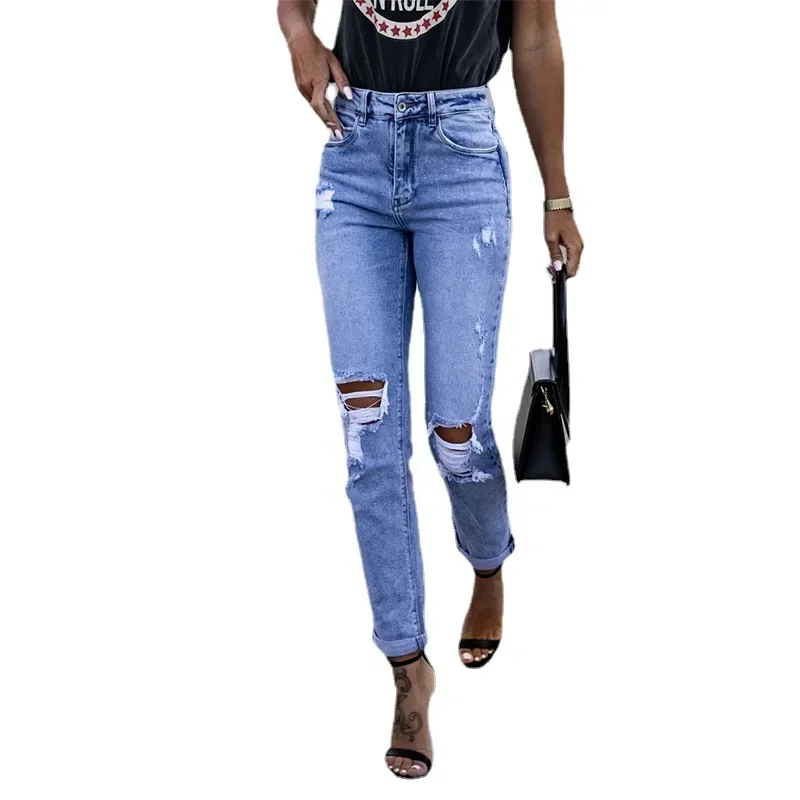 Women Denim Pant Jeans Ankle Length Pants Buttock Lift Jeans Straight Pants Pockets Holes Sheath Solid Slight Strech High Street
