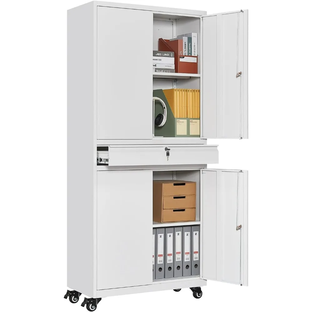 

Metal Storage Cabinet with Wheels, Storage Cabinet with Doors and Shelves, Tall Steel Rolling Cabinet for Home Office, Warehouse