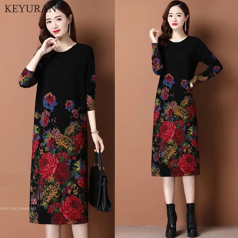 Round Neck Winter Knit Dress Women 2023 Autumn Winter Vintage Printed Long Sleeved Loose Pullover Sweater Dress Over The Knee