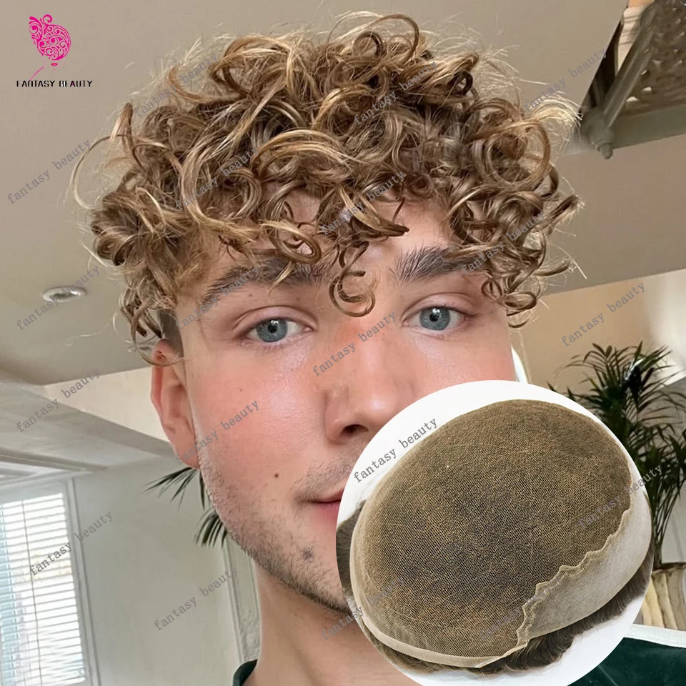 

22r # # Мужской парик-накладка из натуральных волос 18 Honey Blonde, 20 мм, кудрявый, прочный, Q6, с естественной линией роста волос, на основе из кружева и полиуретана, коричневый, серый, черный, Exhuast Prosthes