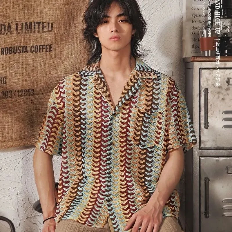 

Men XXXXL Ethnic Japanese Style Cuban Collar Shirt Tops Male Hollow Out Trendy Hit Color Design Blouse Thin Tropical Causual Tee