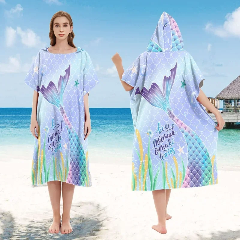 Microfiber Surf Poncho Wetsuit Changing Mermaid Style Bath Robe Quick Dry Pool Swim Beach Towel with Hood For Beach Swimming