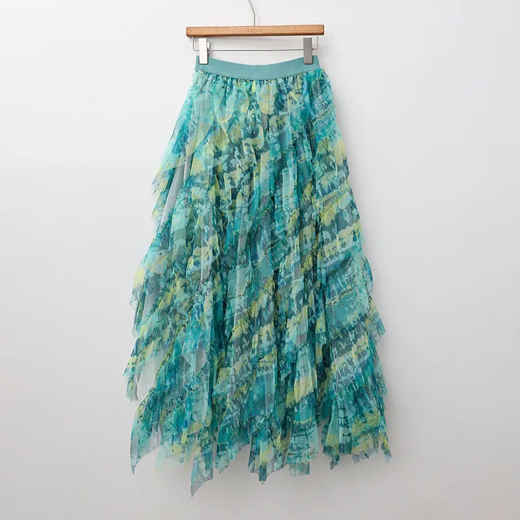 Green Multi-section Gradual Gauze Skirt Tiered Tulle Ruffles Splicing Sheer Layered Hem Print Irregular Fluffy Long Skirts Women