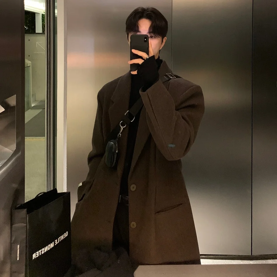 

Мужское шерстяное пальто утепленное, осеннее, модное, в британском стиле, ветрозащитное, молодежное, средней длины, на одной пуговице