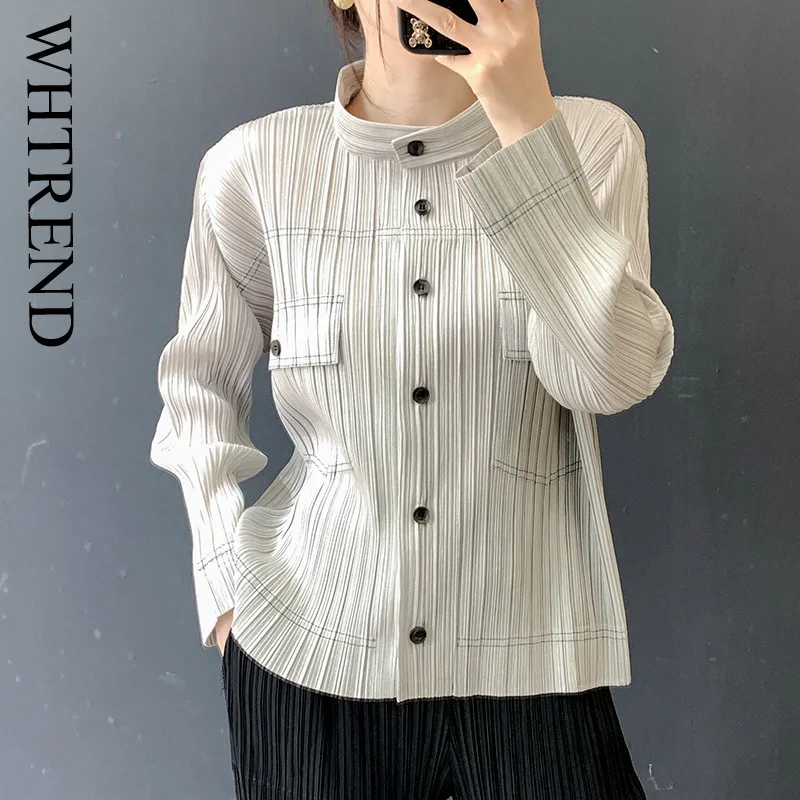 WHTREND قميص مطوي مطبوع للنساء تصميم فريد من نوعه نمط متخصص فضفاض مناسب متعدد الاستخدامات مرقع بأزرار علوية ربيع 2026