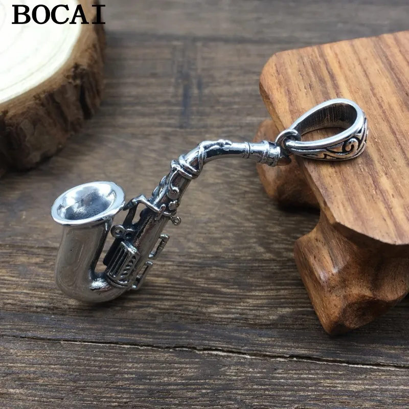 BOCAI New Real Pure S925 Silver New Man and Woman Pendant Creative Saxophone Rock Fashion Chain Pendant