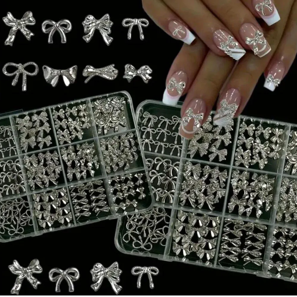 12Grids 3D Luxury Alloy BowsTies Nail Art Charms Minimalist Silver Ribbon Line Bows Wings Mixed Nail Decorations DIY Silver Nail