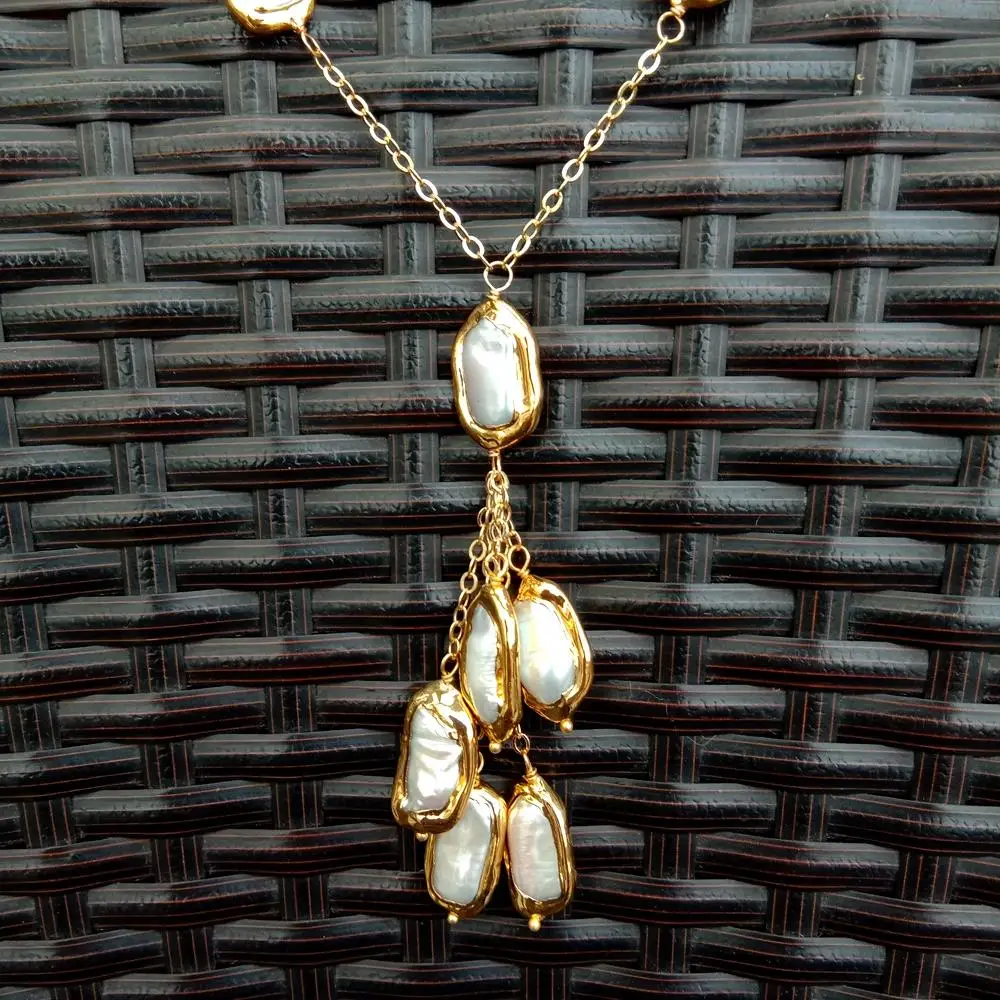 YYGEM  Gold color Plated Link Chain natural Freshwater Cultured White Biwa Pearl  Necklace 19\