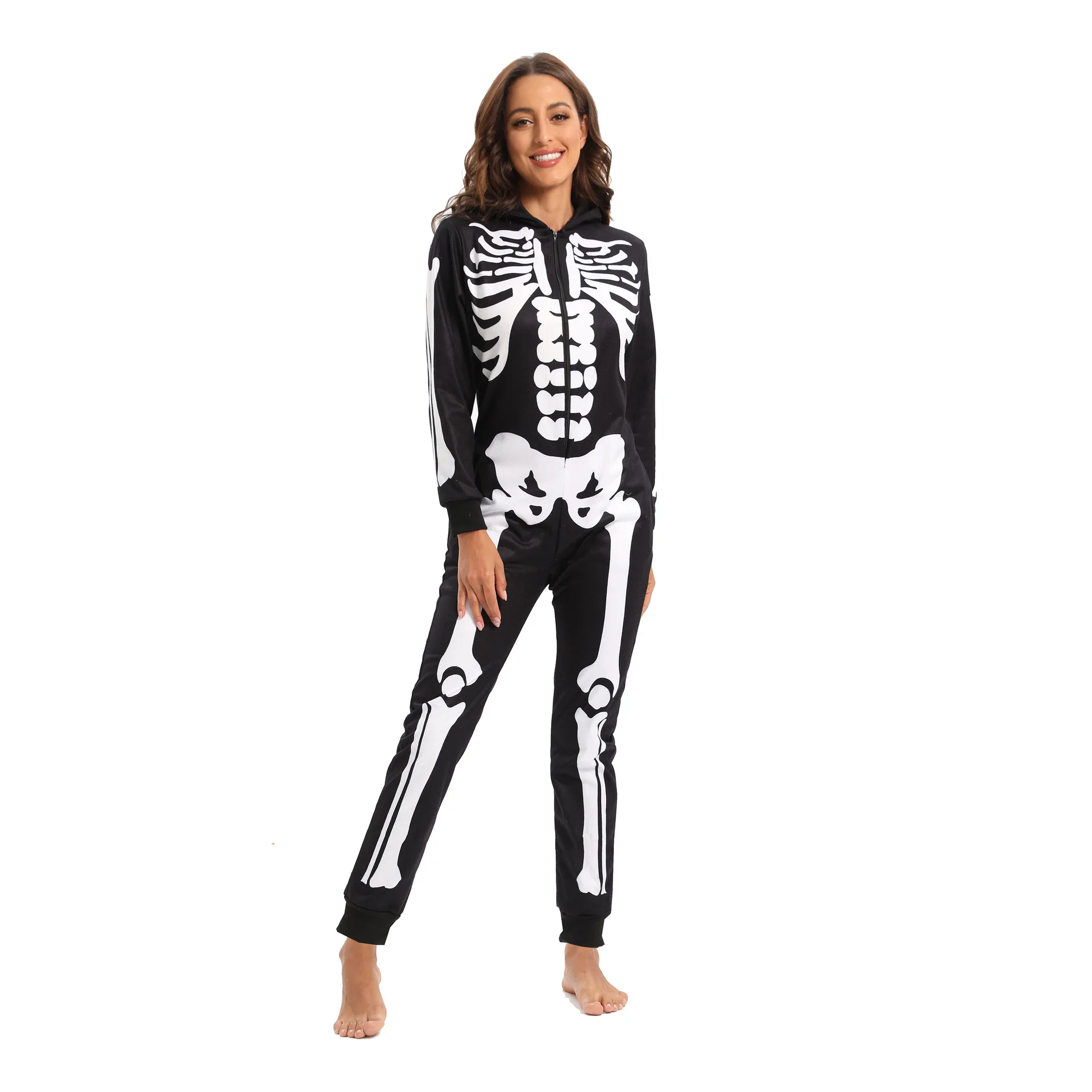 Women Onesies Long Sleeve Jumpsuits Sleepwear Hooded Pajamas Adult Halloween Black Skeleton Print Pyjamas