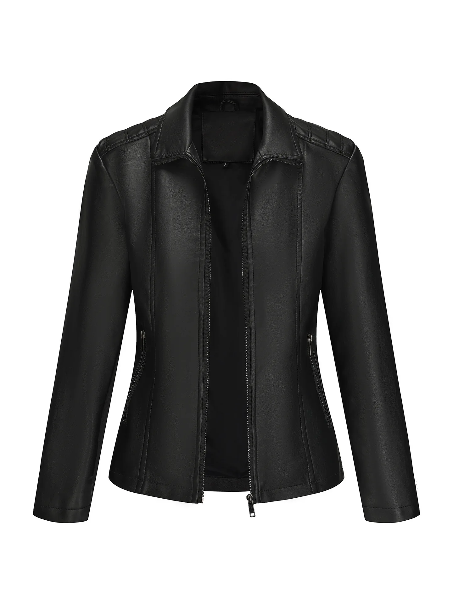 Abrigo de cuero ajustado para mujer, Chaqueta corta, abrigo de motocicleta, negro, resistente al viento, chaqueta de cuero con cremallera de otoño