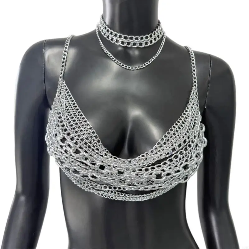

39BC Punk Theme Tassels Body Chain Metallic Chest Chain Necklace Women Body Jewelry