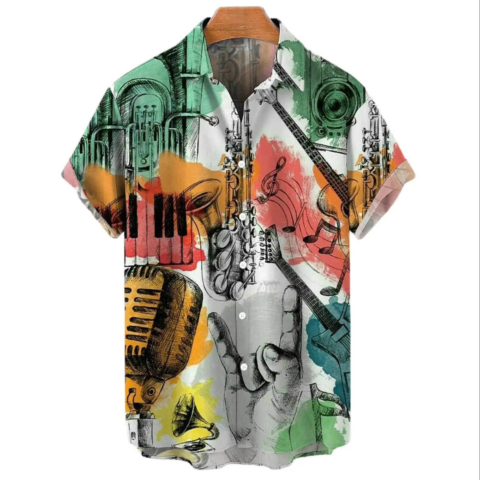 Hawaiian men's shirt, tilted guitar print clothing, 3D retro music, short sleeved T-shirt, Harajuku top, 5XL