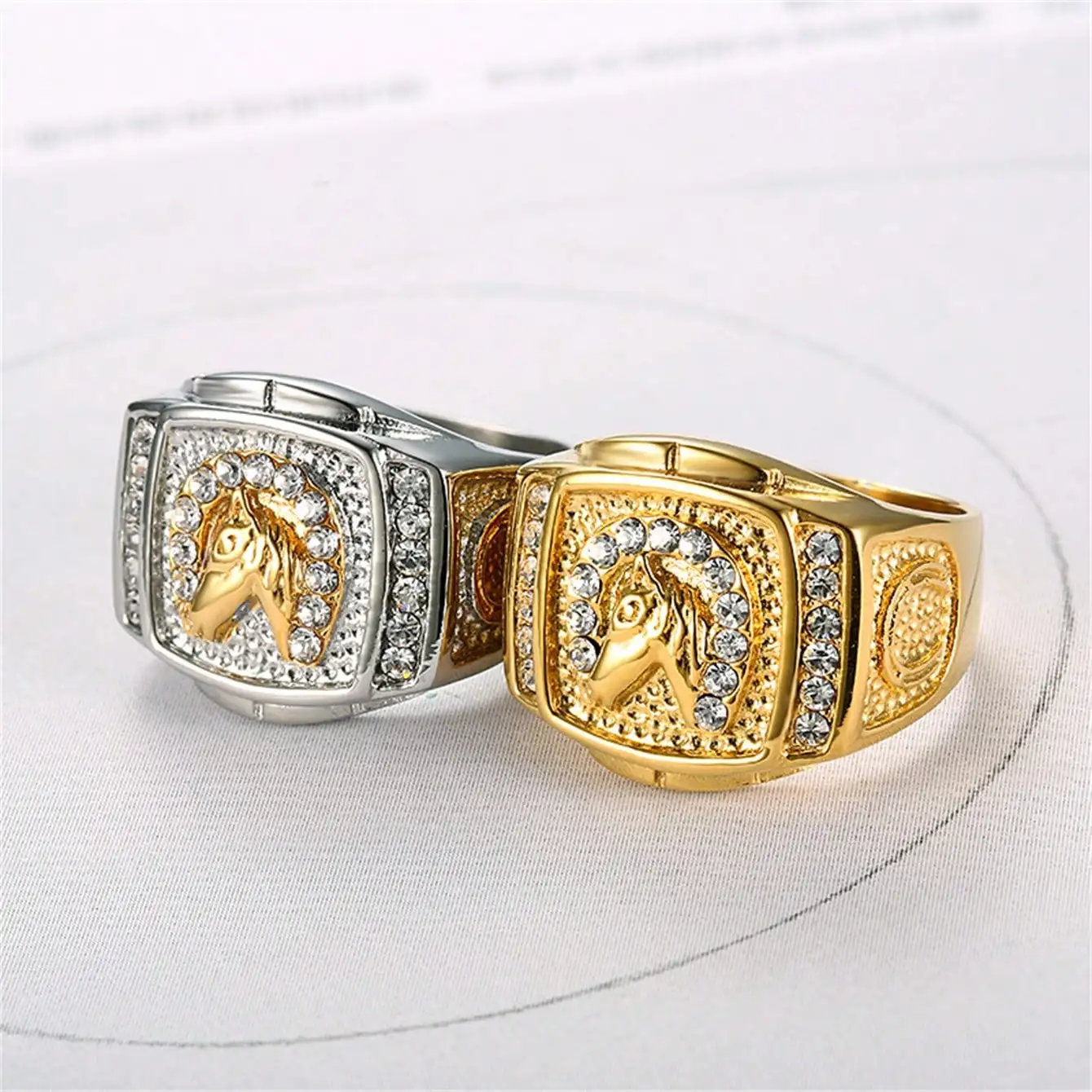 

Men's Gold and Silver Tone Horse Motif Ring with Crystal Accents