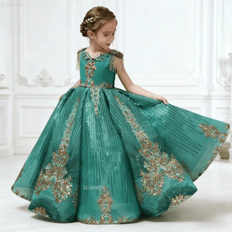 

Green V Neck Embroidered Ball Gown Puffy Dress for Children Performance Pageant Formal Celebration Elegant Host Fashion Show