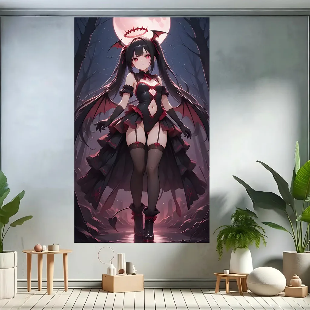 Dark Lolita Devil Girl Tapestry Pastel Grunge Aesthetic Dorm Bedroom Livestream Background Cloth Dark Cute Room Wall Decor