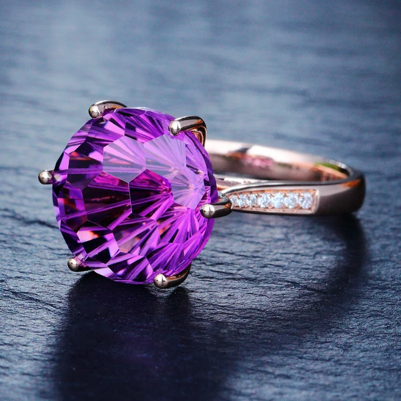 White Copper Turtle Surface Six-Claw High-End Elegant Adjustable Amethyst Ring for Women European and American Fashion Adjustabl