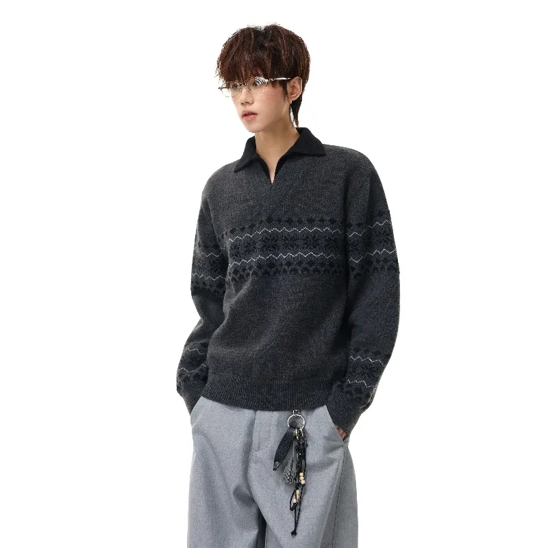 Autumn Winter New Lapel Fair Isle Jacquard Sweater Unisex V-Neck Knit Pullover