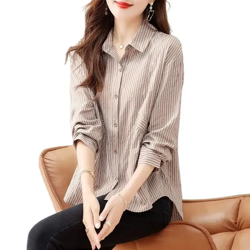 Women\'s Autumn Fashion Simplicity Striped Polo Collar Long Sleeve Shirts Women Clothes All-match Casual Loose Temperament Tops