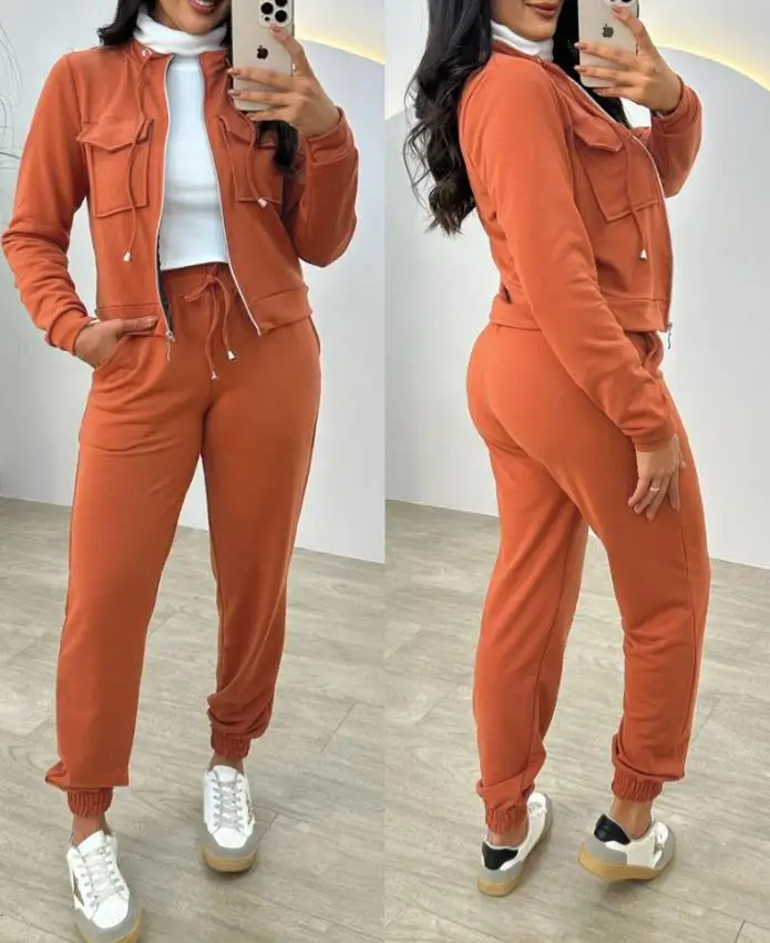 

Two Piece Set Women Outfit 2025 New Stand Collar Long Sleeve Pocket Dec Zipper Top & Casual Elastic Waist Drawstring Pants Sets