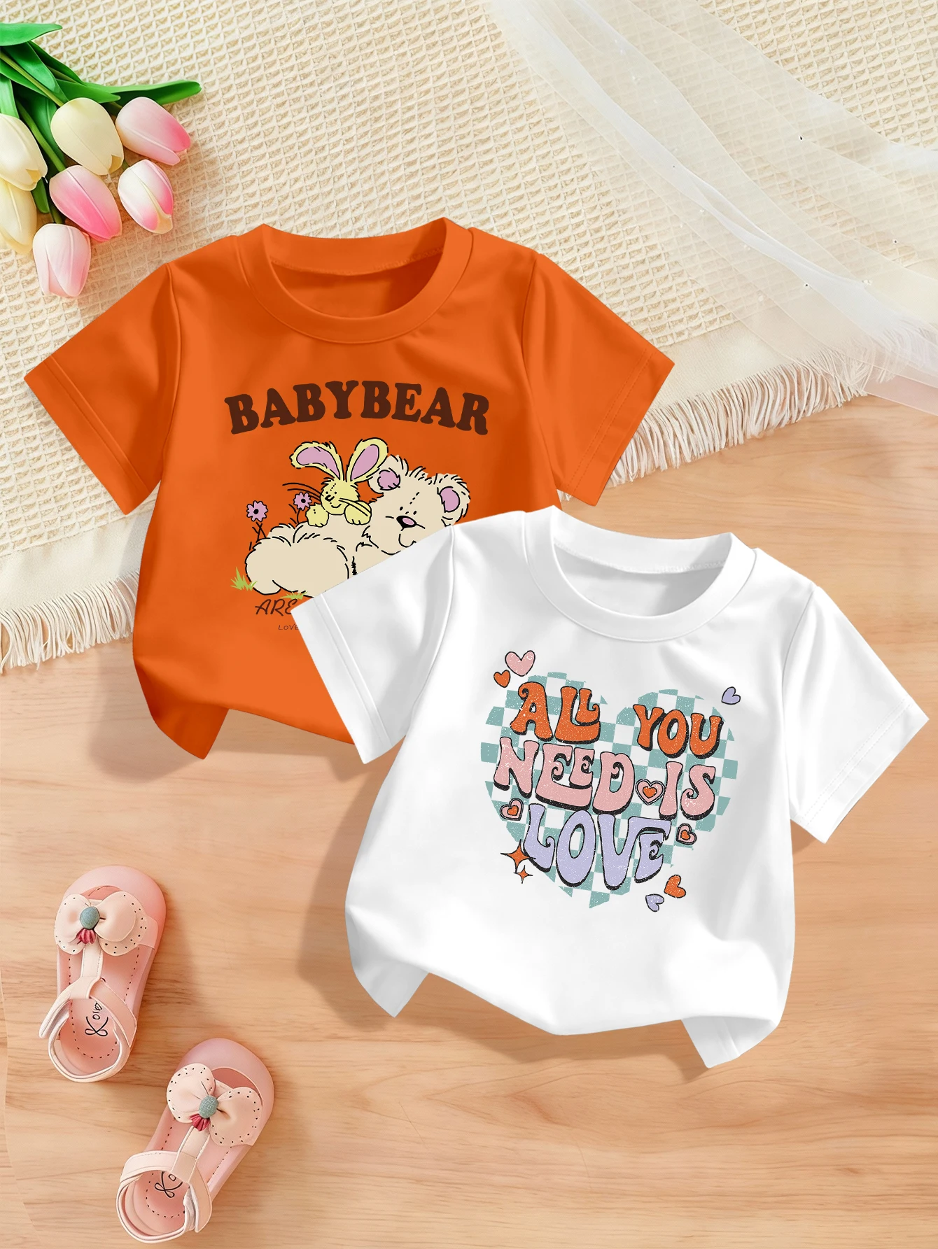 

2 Pieces, Easter, Valentine's Day, Cartoon Rabbit, Heart Pattern Print, Cute Casual T-Shirt for Girls