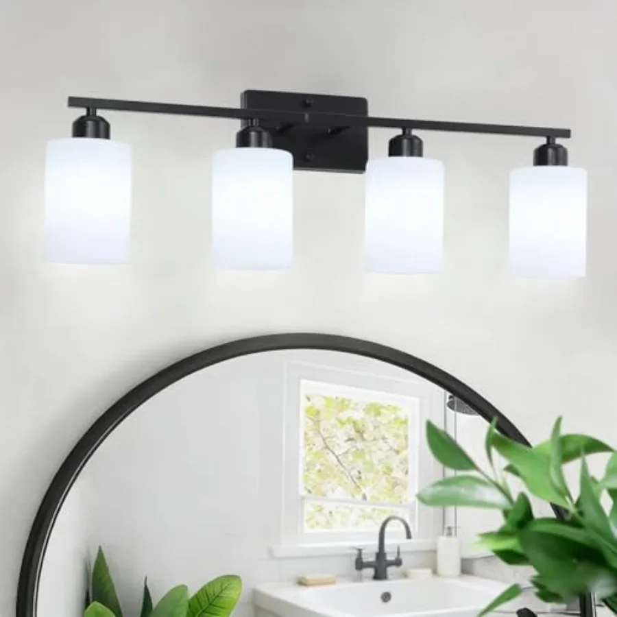 

4-Light Bathroom Vanity Lights, Modern Vanity Lighting with Milky White Shades, Anti-Rust Black Bathroom Light Fixtures Over Mi