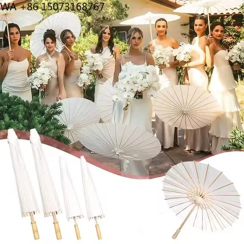 Wedding Paper Umbrellas Chinese Wooden Handle White DIY Rustic Photography Props for Baby Shower Party Wedding Gifts