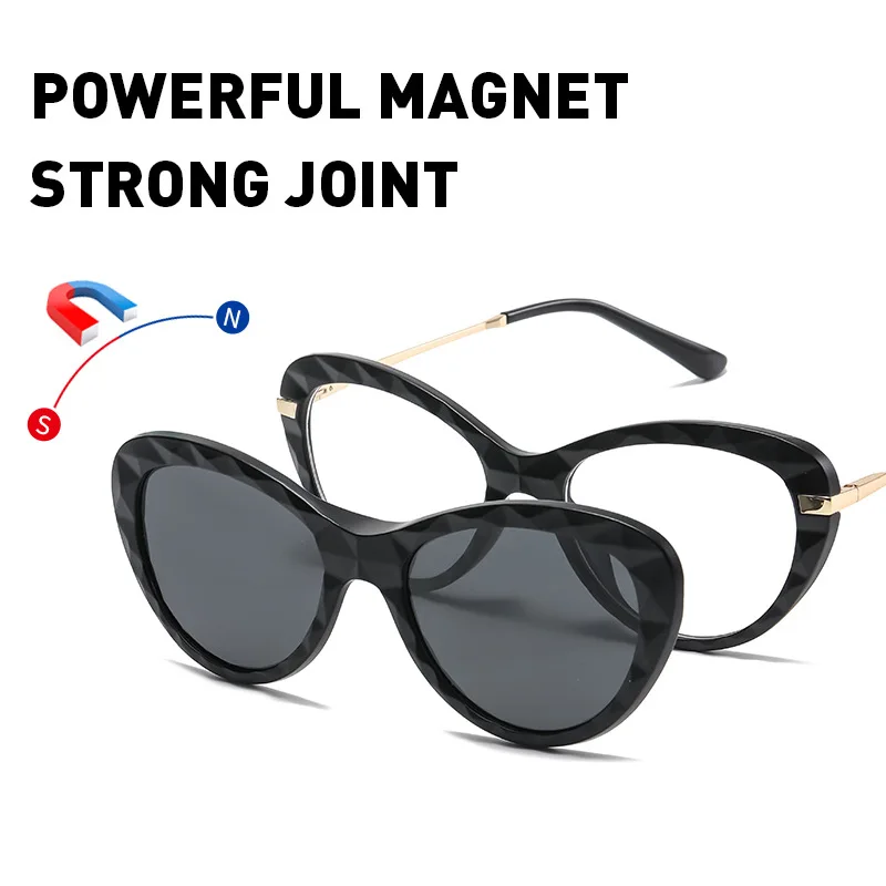 MOMOJA Bingkai Kacamata Clip-On Magnetik Mata Kucing Fashion Kacamata Hitam Terpolarisasi Kacamata Resep Optik Wanita 2352D
