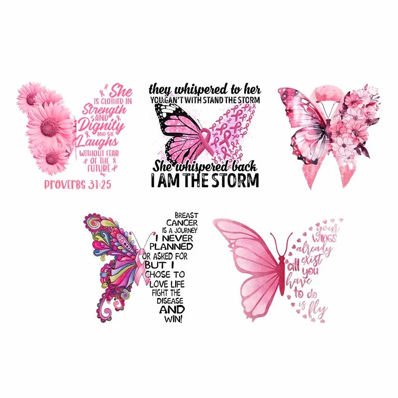 

Breast Cancer Iron On Pink Butterfly Patch On Colthing Heat DTF Transfer Sticker Thermals Transfer Print Appliqued