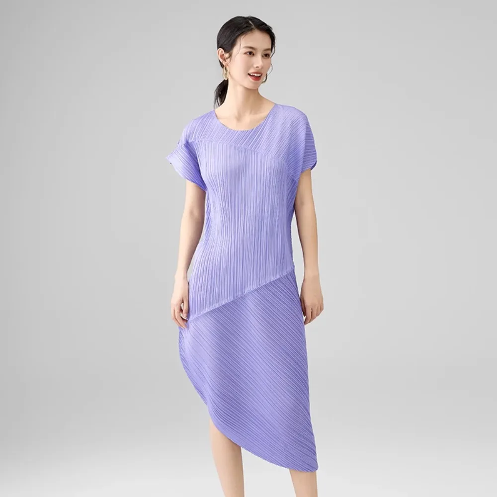 

Miyake Fashion Commuter Round Neck Short Sleeve 2025 Summer New Folded Irregular Dress Large Size Office Women's Long Dresses