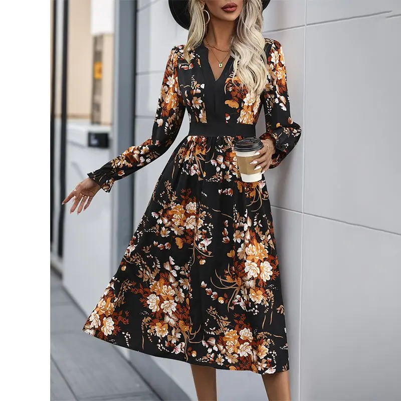 

Women's Black Floral Print Dress Casual V-Neck Long Sleeve Pleated Midi Dress with Contrast Panel for Autumn Daily Party