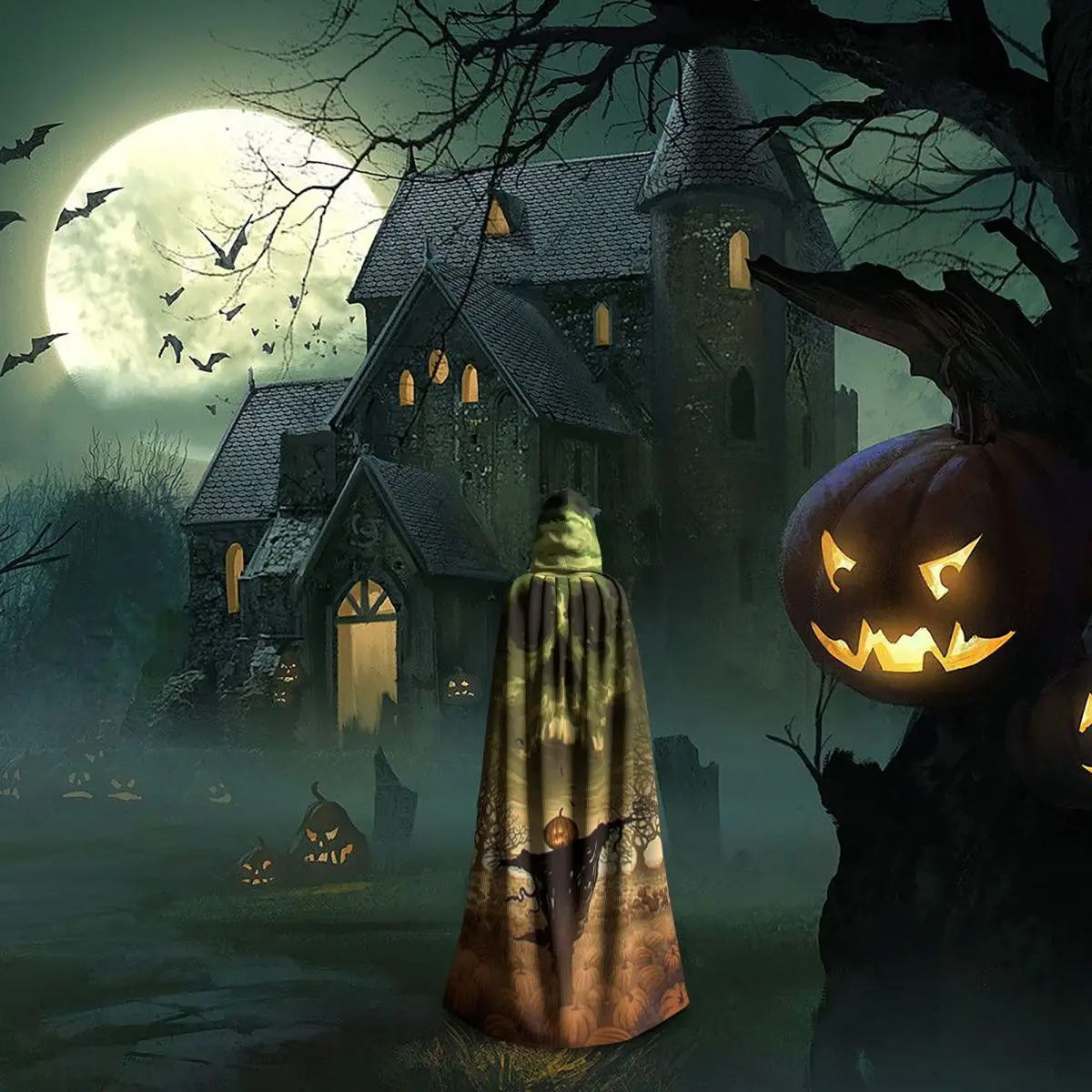 ハロウィンコウモリ ジャック・オ・ランタン カボチャと幽霊 魔女 ロングフード付きマント 魔女 中世コスチューム コスプレケープ ハロウィンコート