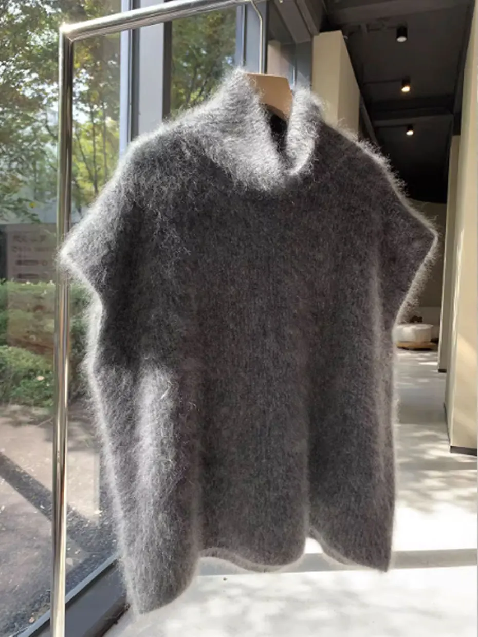 

Утепленный свободный вязаный жилет из конского волоса для женщин, осенне-зимний свитер с высоким воротником без рукавов, базовый слой, топ