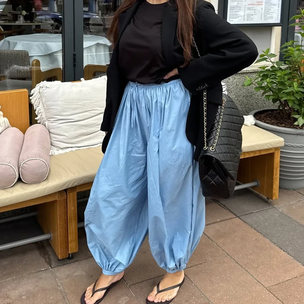 

Tuularose Loose Solid Leg-Length Pants For Women Pleated High Waist 2025 Summer Female Fashion Office Lady Casual Bloomer Pants