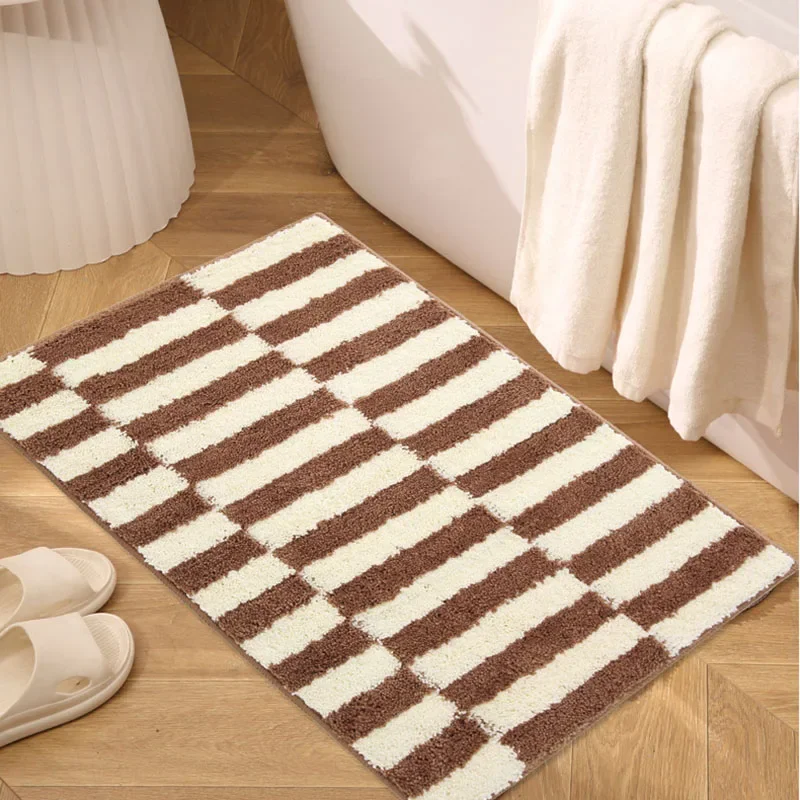 Nordic Plaid Absorbent Bathroom Floor Mat Geometric Printing Flocking Non-Slip Carpet Thickened Soft Foot Rug for Toilet Bathtub