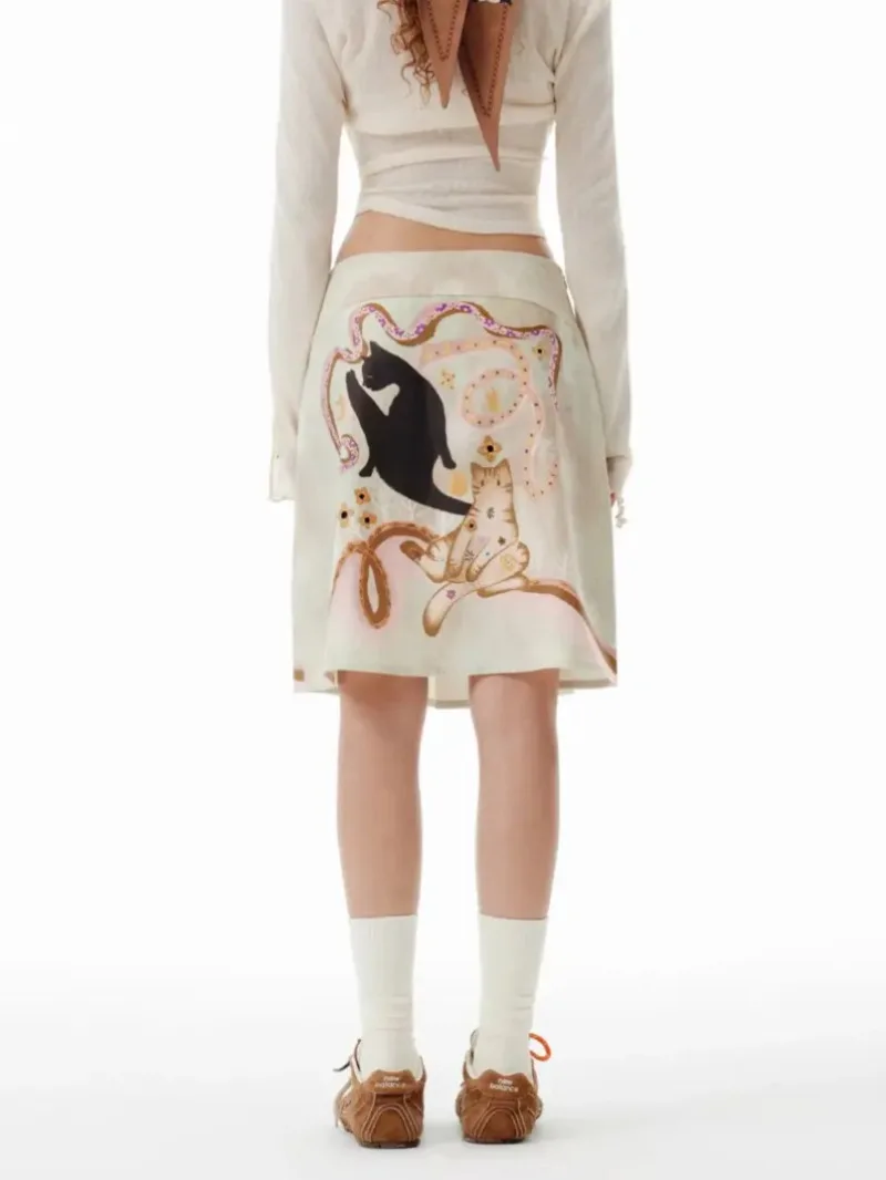 New Fashion Cartoon Cat Printed Summer Skirt Women Casual A-line Split Folds Mini Skirts  Y2K Harajuku Runway Holidays Jupe