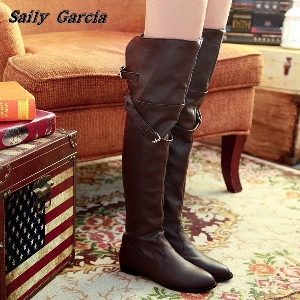 Retro Belt Buckle Strap Matte Over The Knee Sexy Boots New Fashion Plus Velvet Large Size Boots Pointed Toe Folds Wedge Shoes