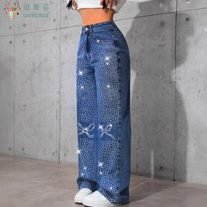 Elegant Shiny Diamond Women's Jeans Autumn High Waist Denim Pants Y2k Causal Wide-Leg Cowboy Trousers Quality Outdoor Streetwear