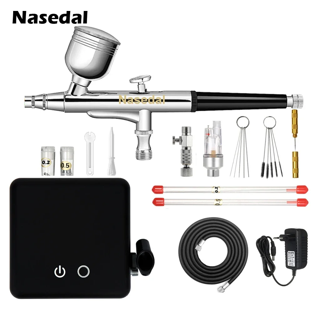 

Nasedal Auto Stop Function Dual-Action Airbrush Compressor 0.2mm/0.3mm/0.5mm Set Spray Gun Adjustable Power Touch Switch