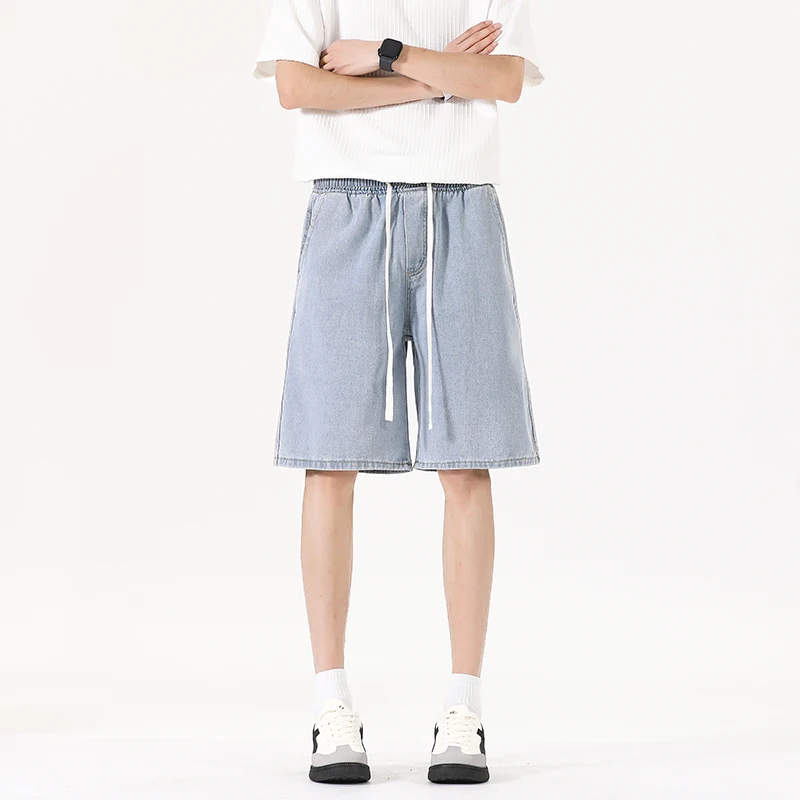 

Summer Men's Light Blue Loose Elastic Waist Drawstring Jeans Mid-Length Pants Breathable Comfortable Casual Trousers