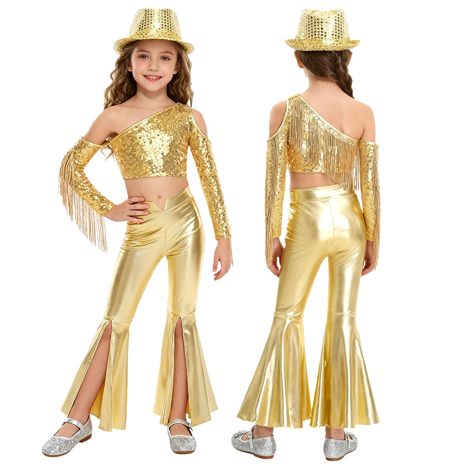Kids Girls Jazz Disco Dance Outfit Halloween Carnival Hippie Cowgirl Cosplay Costume Tassels Sequins Crop Top with Flare Pants