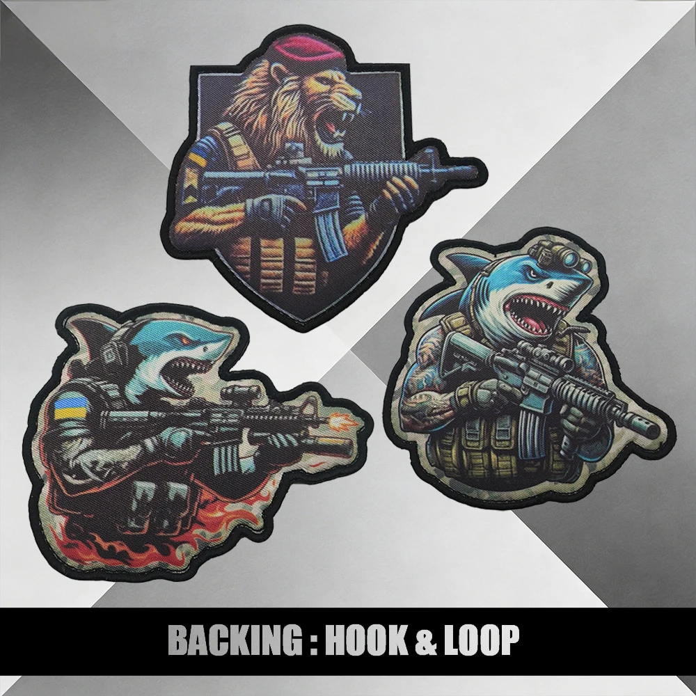 Hardcore Tactical Animal Printing Patches-Beret Lion Flame Shark for Tactical Bags DIY Apparel With Hook&Loop Backing
