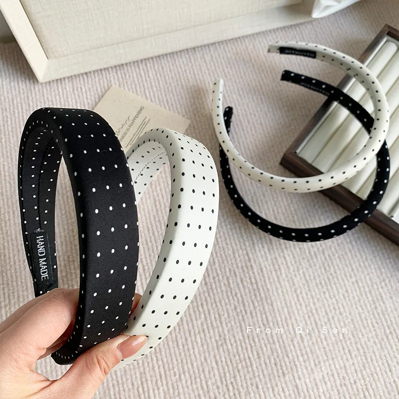 Black White Polka Dot Satin Wide Padded Headbands Women Vintage Non Slip Hair Hoop Daily Makeup Face Wash Hair Accessories
