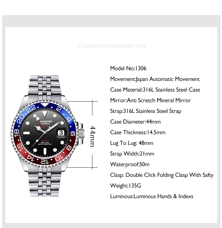 HANBORO Reloj Automático para Hombre 44MM GMT Reloj de Pulsera Mecánico de Lujo Luminoso 50M Lupa Resistente al Agua Fecha