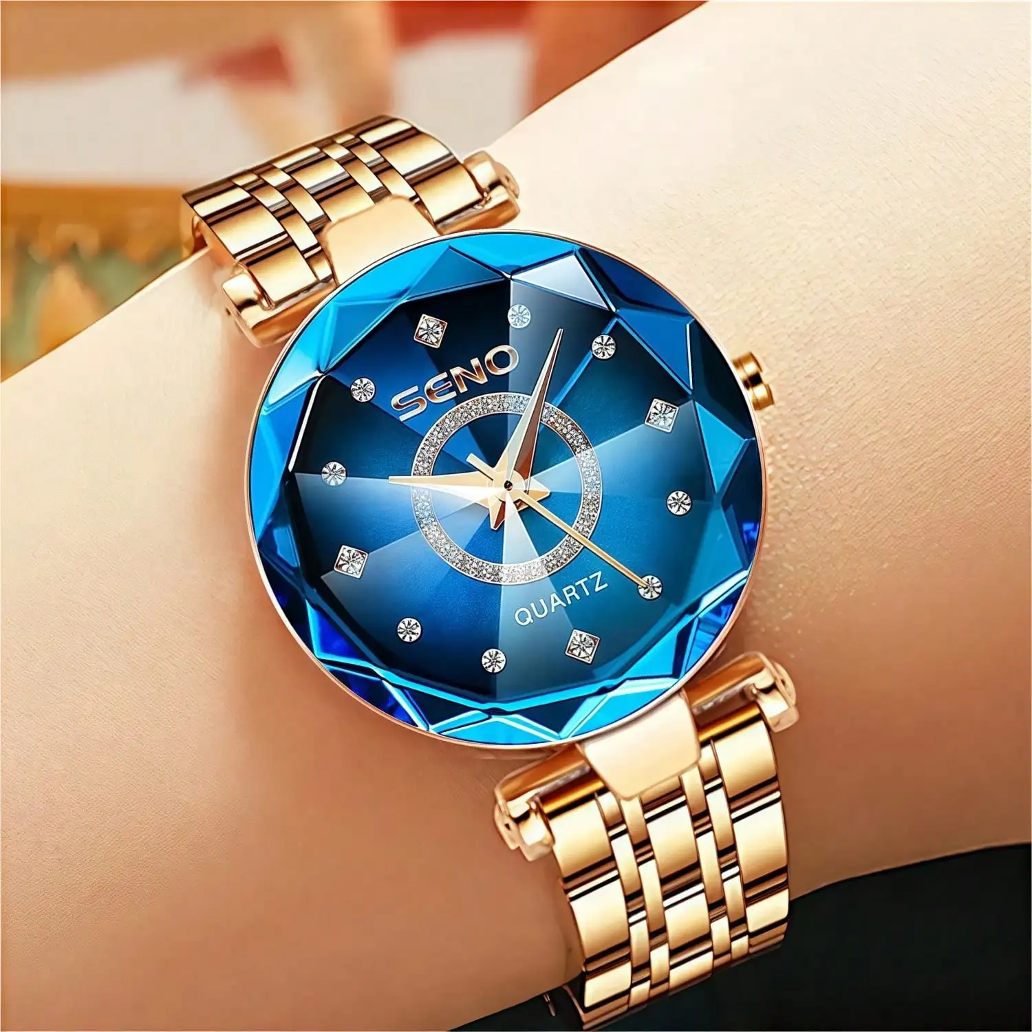 1Pc Women's Sapphire Elegant Rose Gold Stainless Steel Strap Luminous Waterproof Quartz Watch Waterproof Mother Wife Wedding Souvenir Love Birthday