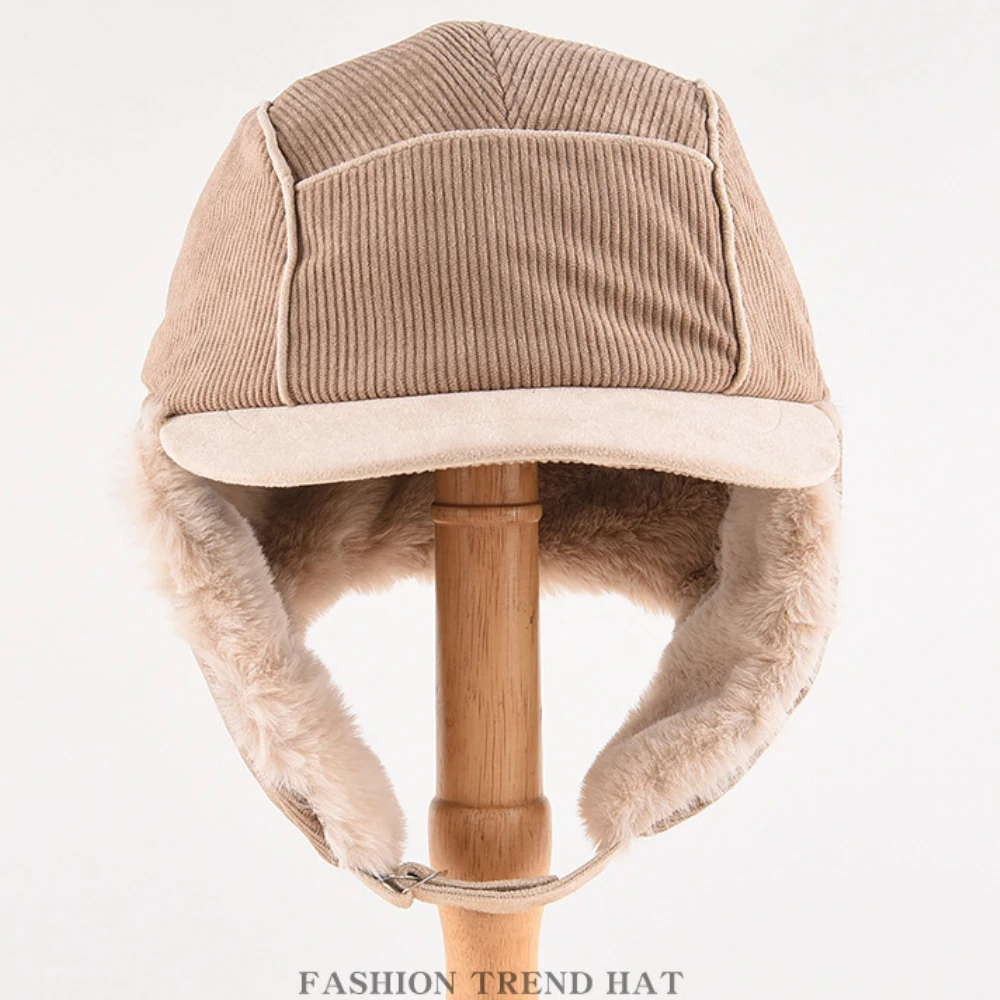 HT4991 Bomber Hat Soft Fur Lined Winter Hats for Men Women Thick Warm Ski Trapper Earflap Cap Male Female Corduroy Russian Hats