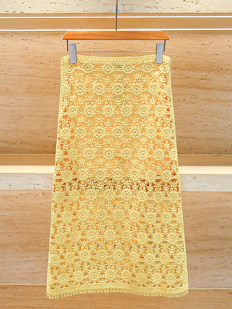 กระโปรงไหมพรมถักยาวทรงเอ เอวสูง สำหรับผู้หญิง ดีไซน์โปร่งลายฉลุ เหมาะสำหรับใส่ไปทำงานหรือวันสบายๆ สไตล์หรูหราจาก M Home Nan You