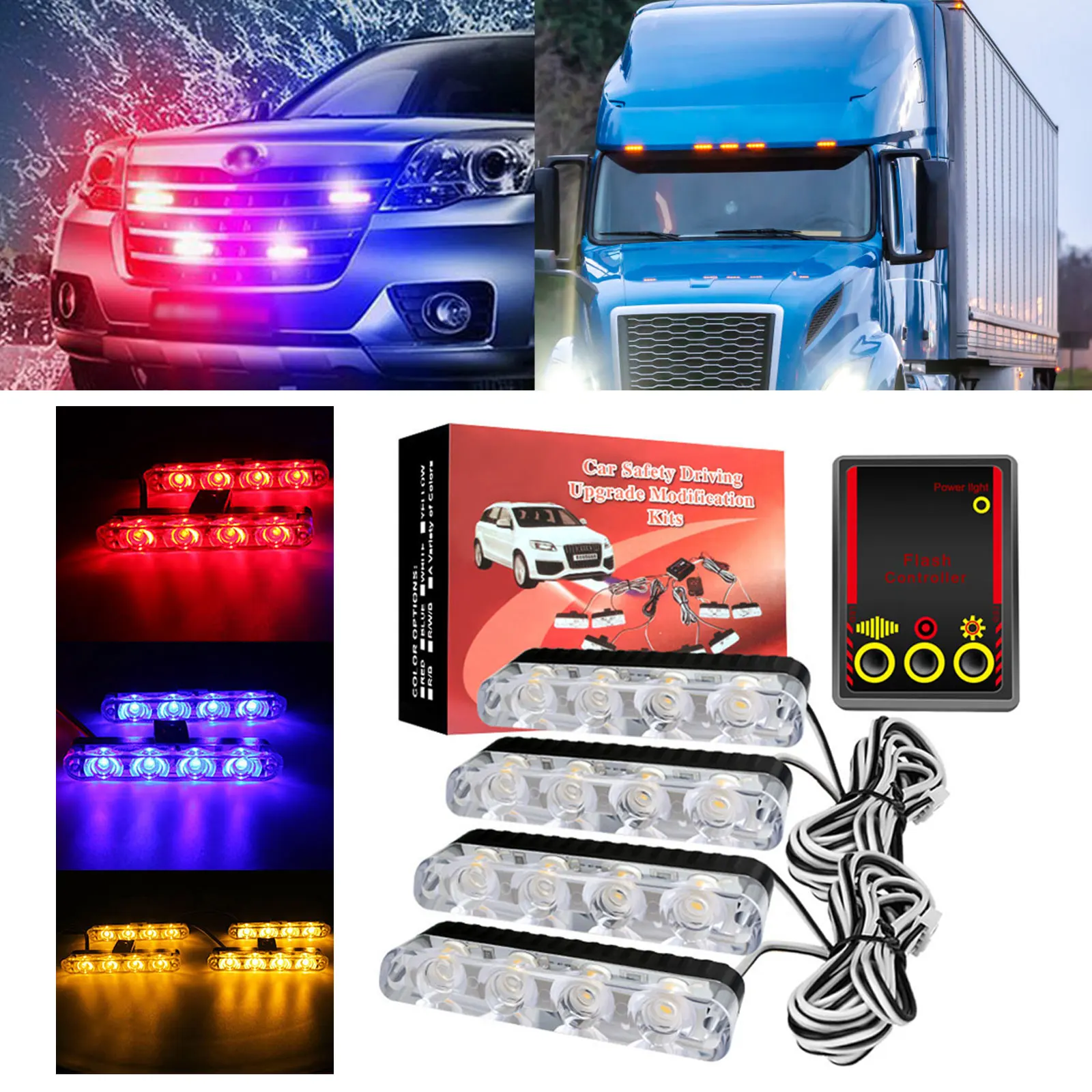 

4*4 LED Lights Car Strobe Police Lights Cigaretteer Grill Warning Lamp 12V Motorcycles Flasher Fso Flashlight Car Accessories