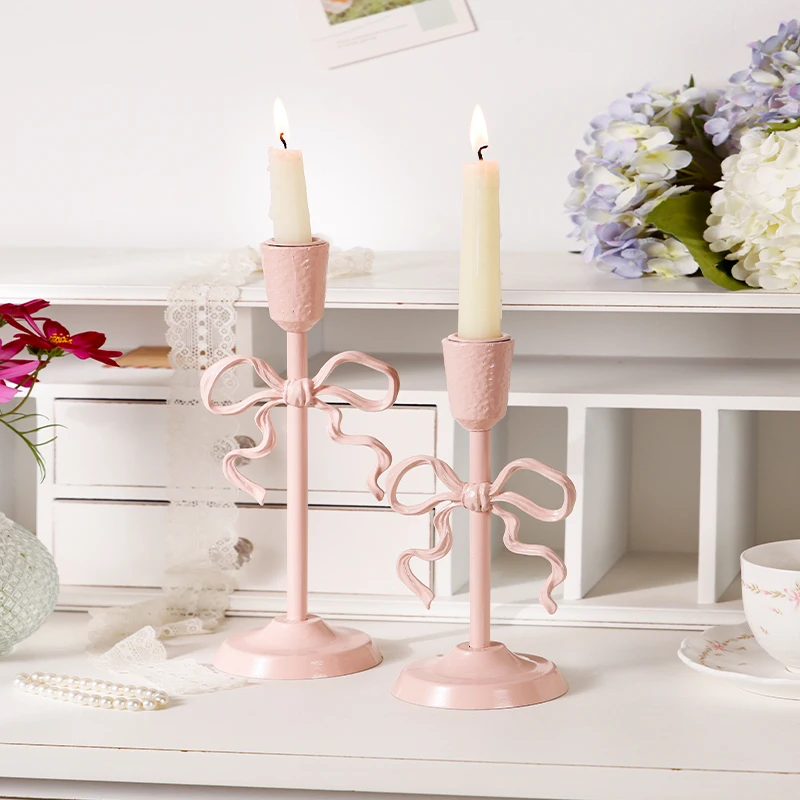 

Metal Candle Holder Pink Bow Table Ornaments Elegant Retro Desktop Photo Background Art Candlestick Holiday Gift Wedding Decor