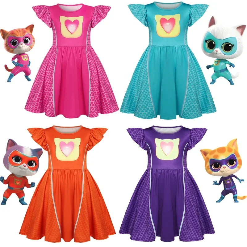 Cute Super Cat Cosplay Costumes Baby Girls SuperKitties Dress Kids Flying Sleeve Casual Dresses Children Carnival Party Vestidos